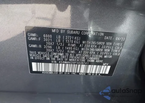 2023 Subaru Ascent Onyx Edition Limited 7-Passenger z USA, uszkodzony, nr VIN 4S4WMAKD9P3439741